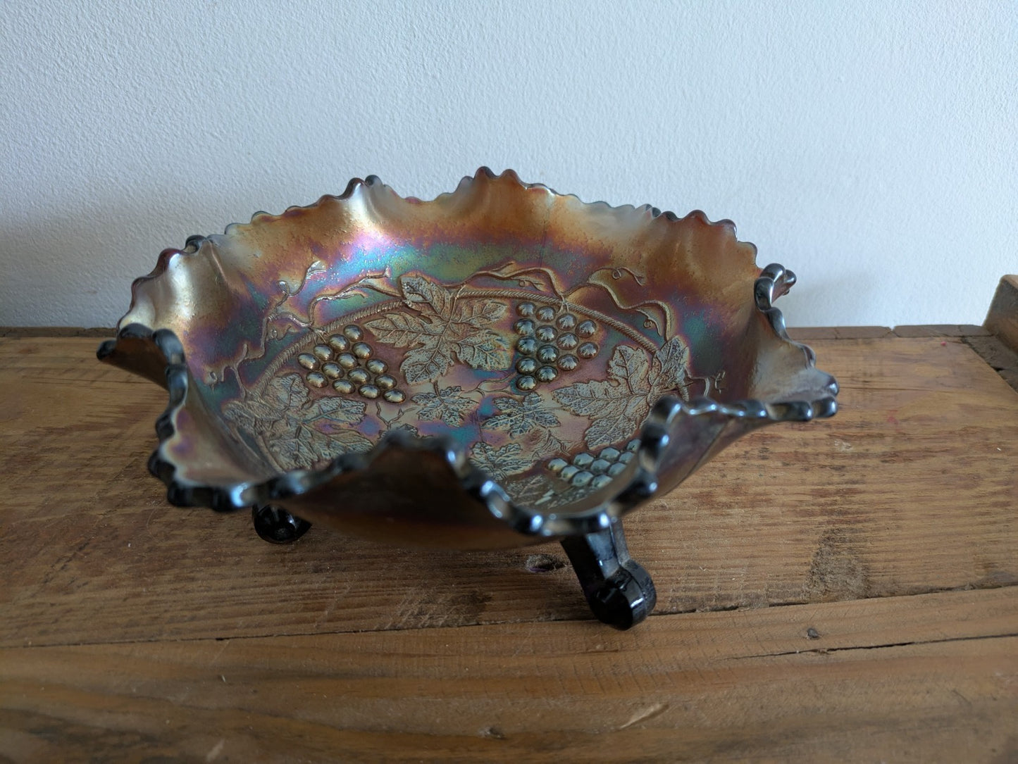 Fenton Grape & Cable Amethyst Iridescent Carnival Glass Three Legged Bowl Lustre