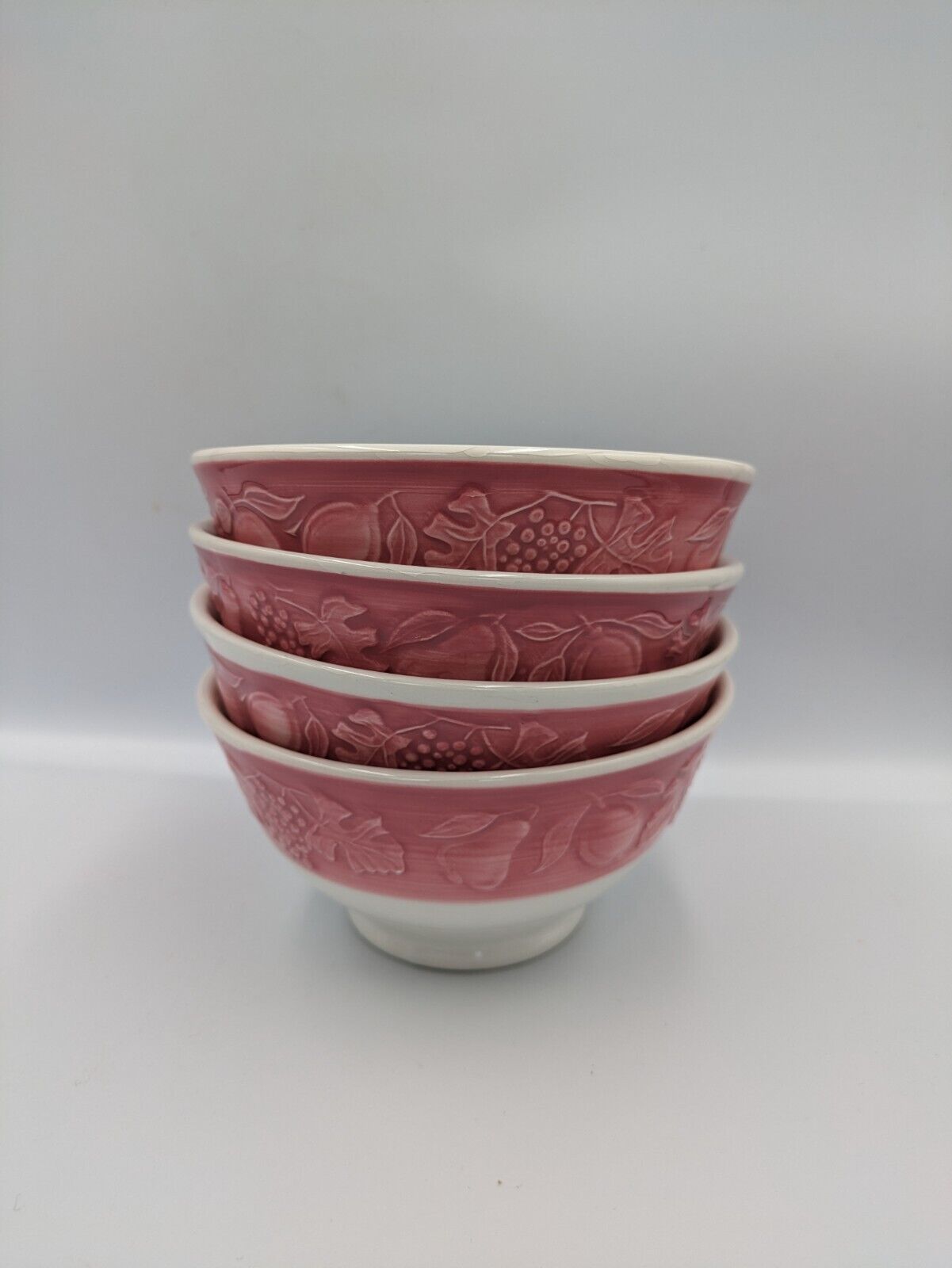 4x QUADRIFOGLIO Franco Giorgi Large Rim Soup Bowl WHITE Embossed Fruit Rim Pink