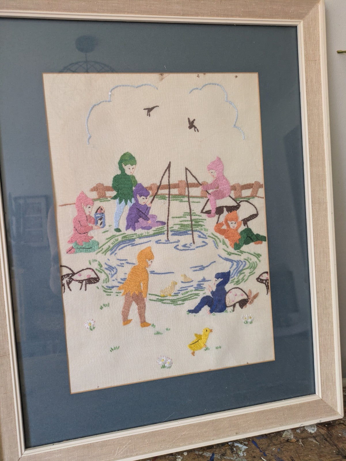 Vintage Hand Embroidery Oak Framed Picture Pixie Fishing Nursery Kitsch Retro!!