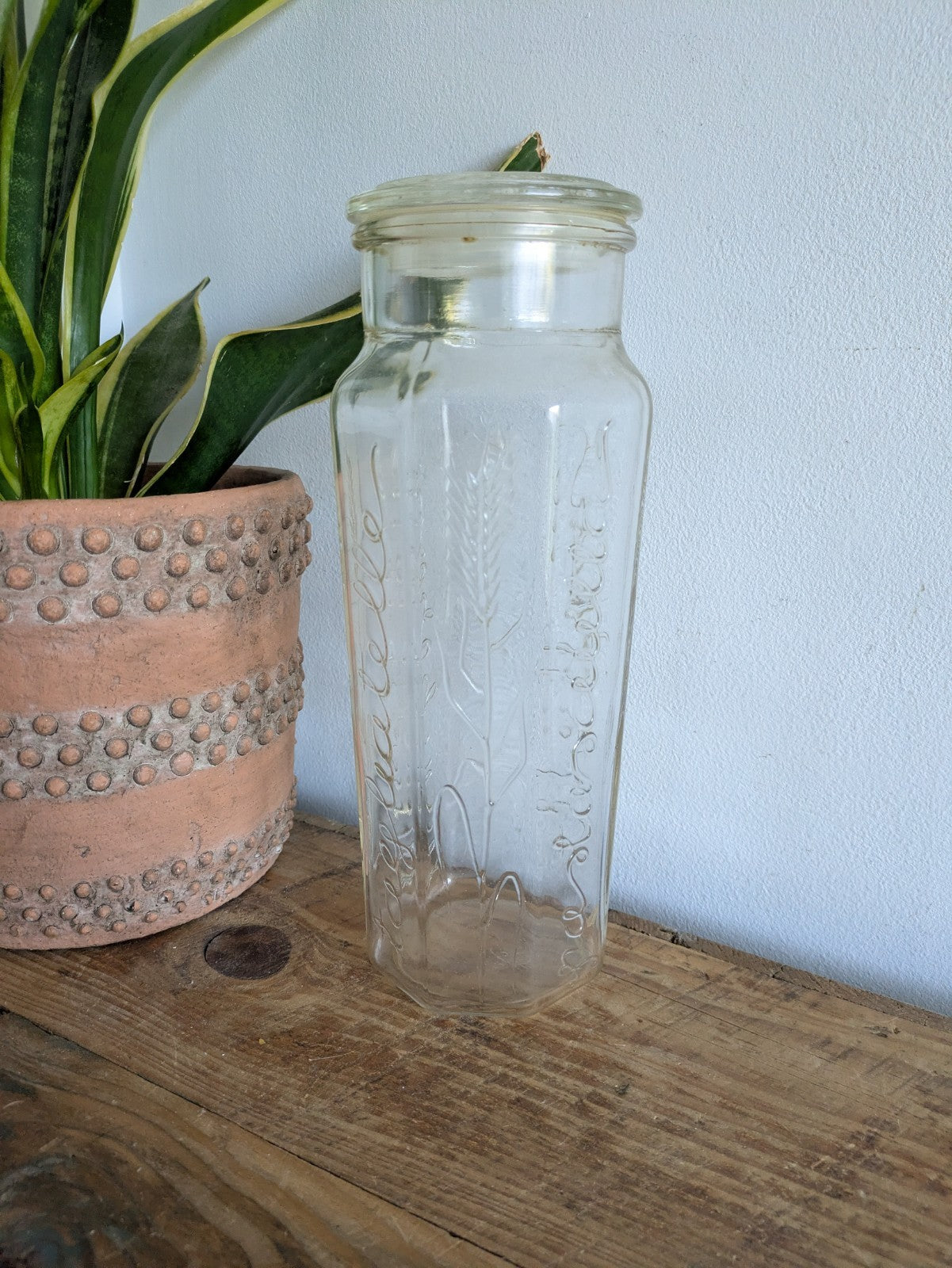 Retro Vintage Embossed Glass Spaghetti Pasta Storage Jar Tall Linguini Container
