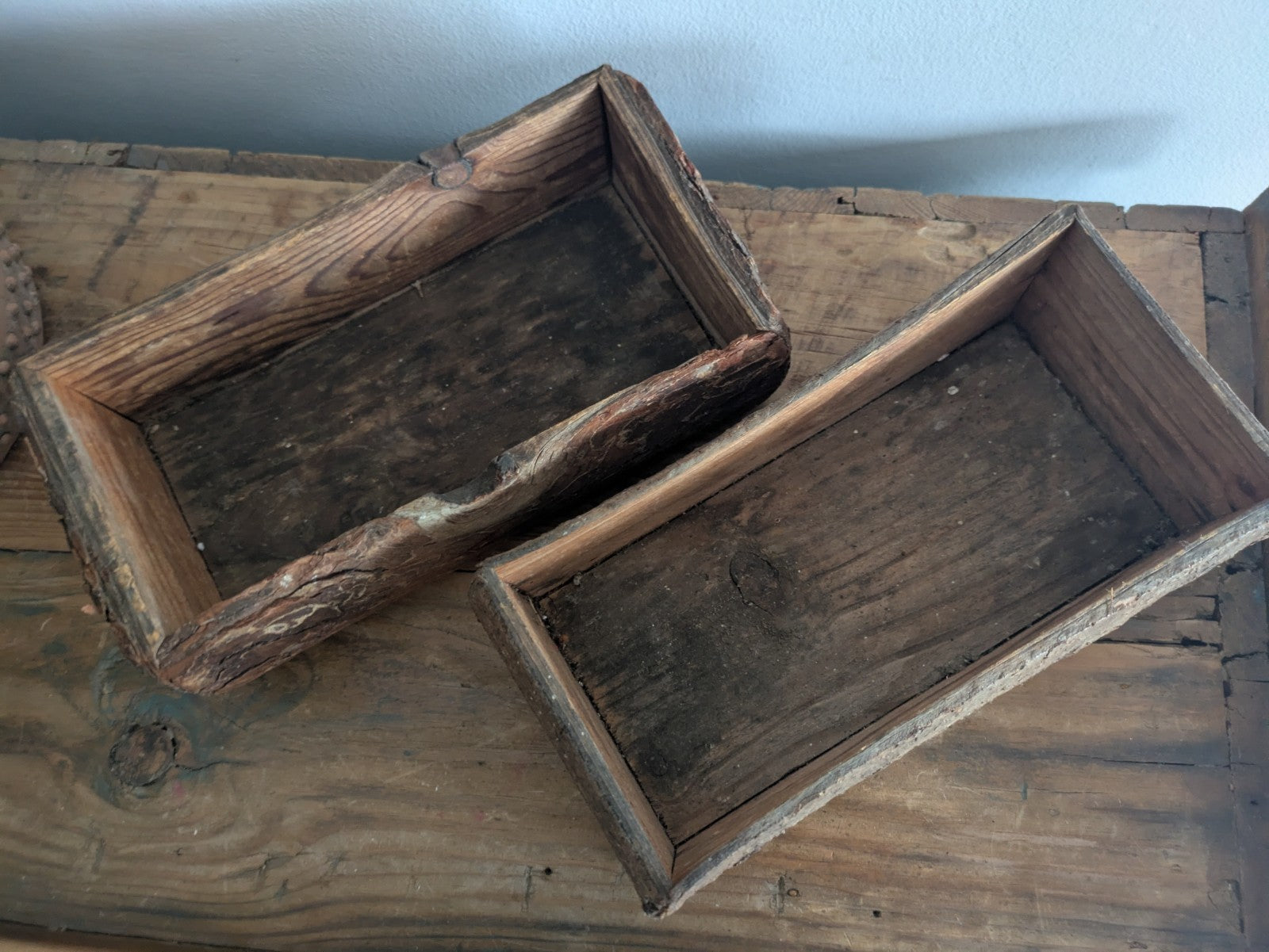 Pair Of Reclaimed Rustic Wood Handmade Box Planter Centerpiece Log Farmhouse Vgc