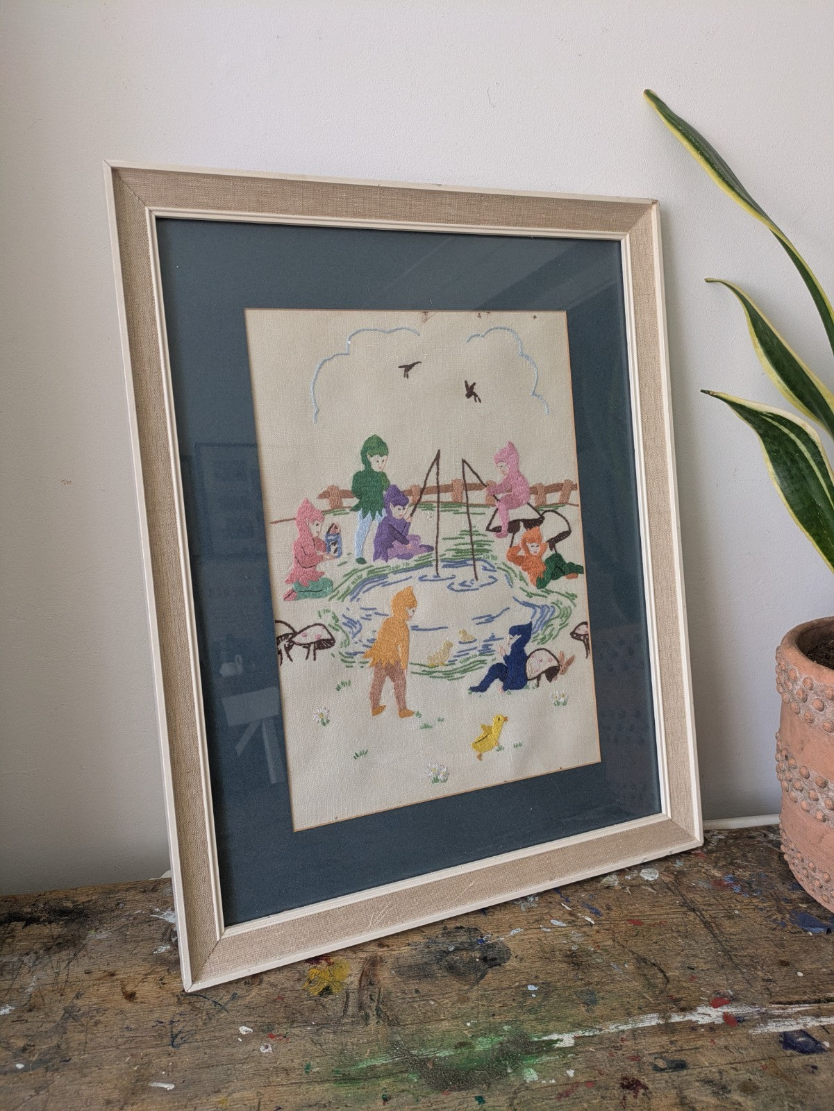 Vintage Hand Embroidery Oak Framed Picture Pixie Fishing Nursery Kitsch Retro!!