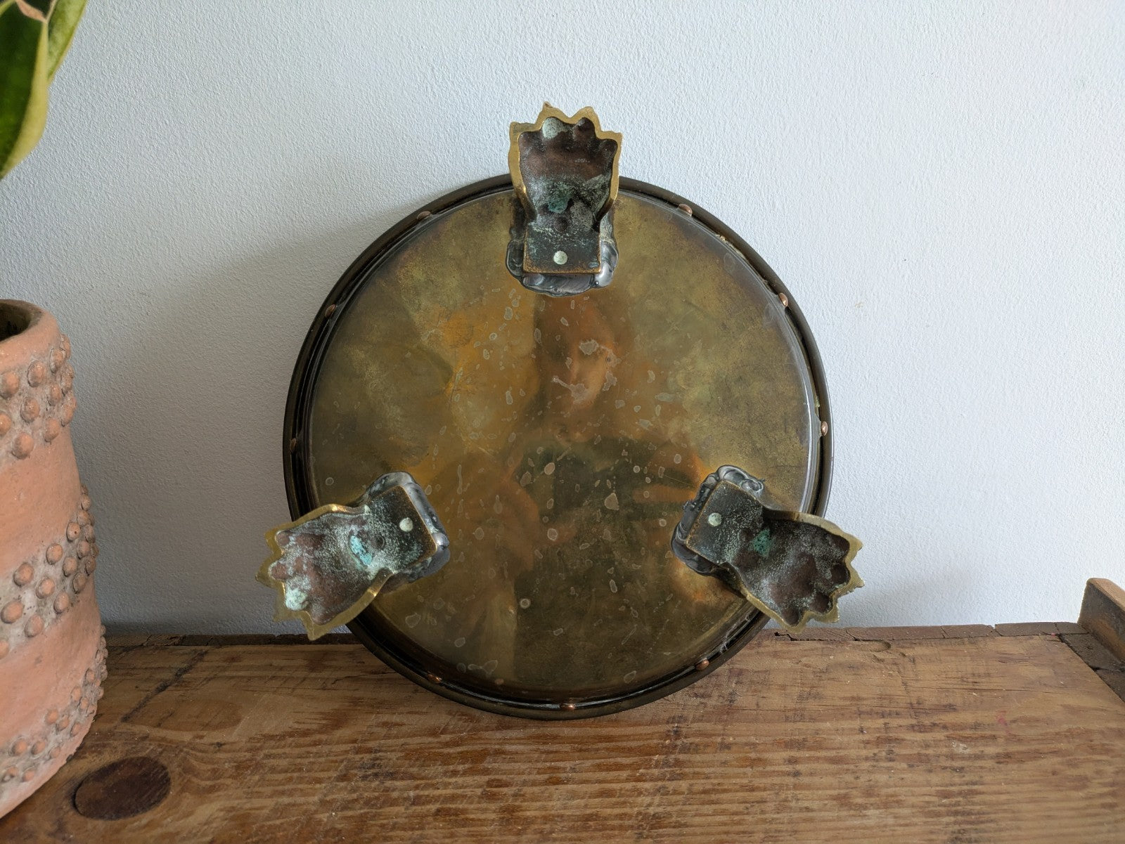 Antique Brass Copper Riveted Jardiniere Lion Paw Feet Plant Stand Bowl Planter
