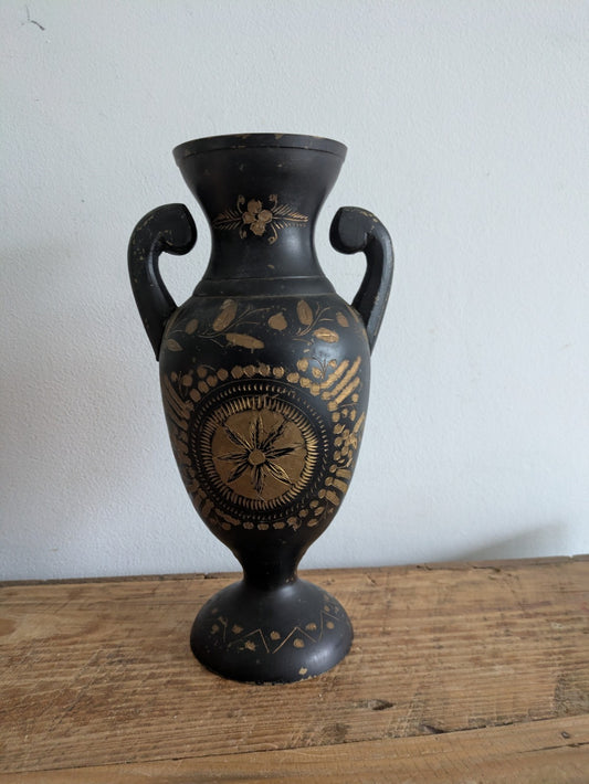 Vintage Brass Floral Etched Engraved Indian Vase Urn Mantle Handles Decor Black