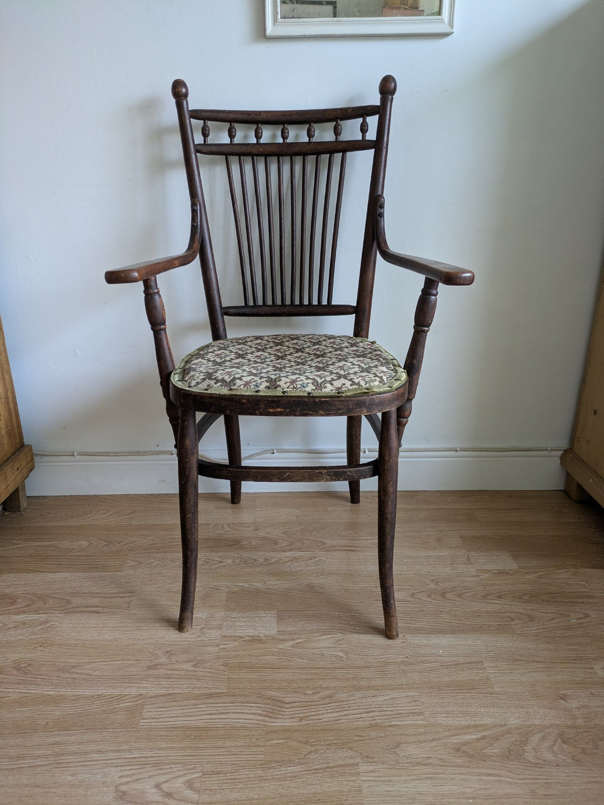 Antique Fischel Bentwood Carver Chair Upholstered Seat Thonet Early 20th Century