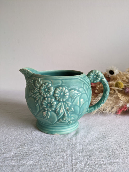 Large Vintage Victory Turquoise Raised Decoration Jug Floral Vase Retro Kitsch 