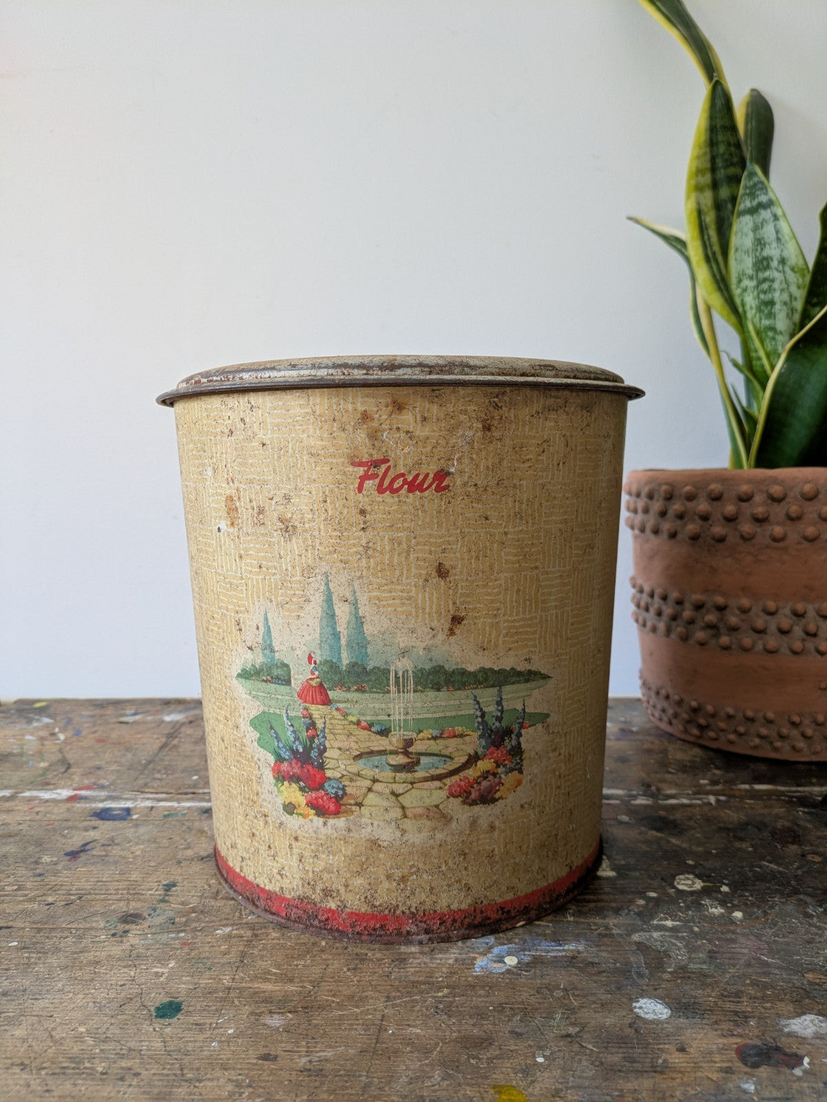 Vintage 1930s 40s Handiware Large Flour Storage Tin Canister Rare Prop Kitchen