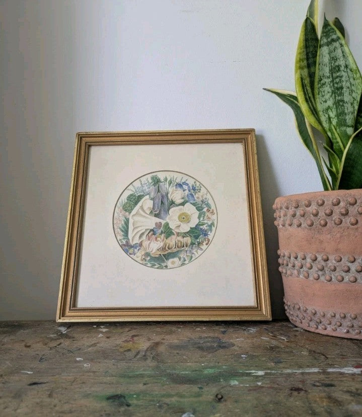 Antique Vintage Floral Watercolour Botanical Framed Garden Bouquet Painting Art