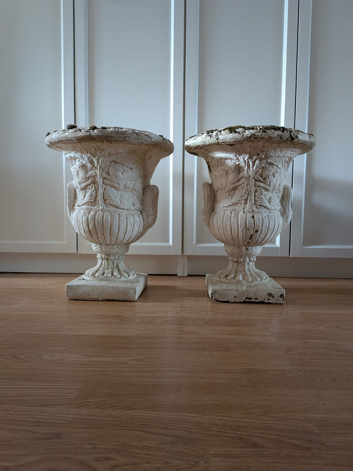 Pair Reclaimed Classical Medici Garden Urn Planter Cast Stone Handles Weathered