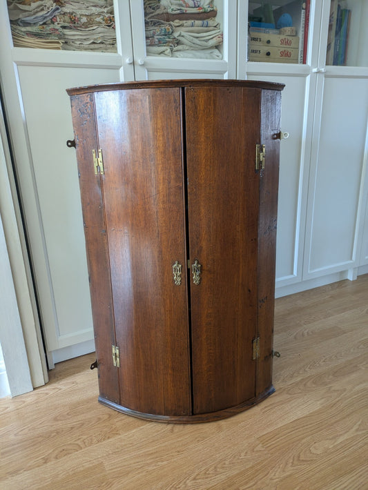 Antique Georgian Bow Fronted Wall Hanging Corner Cabinet Cupboard Shelves Wooden