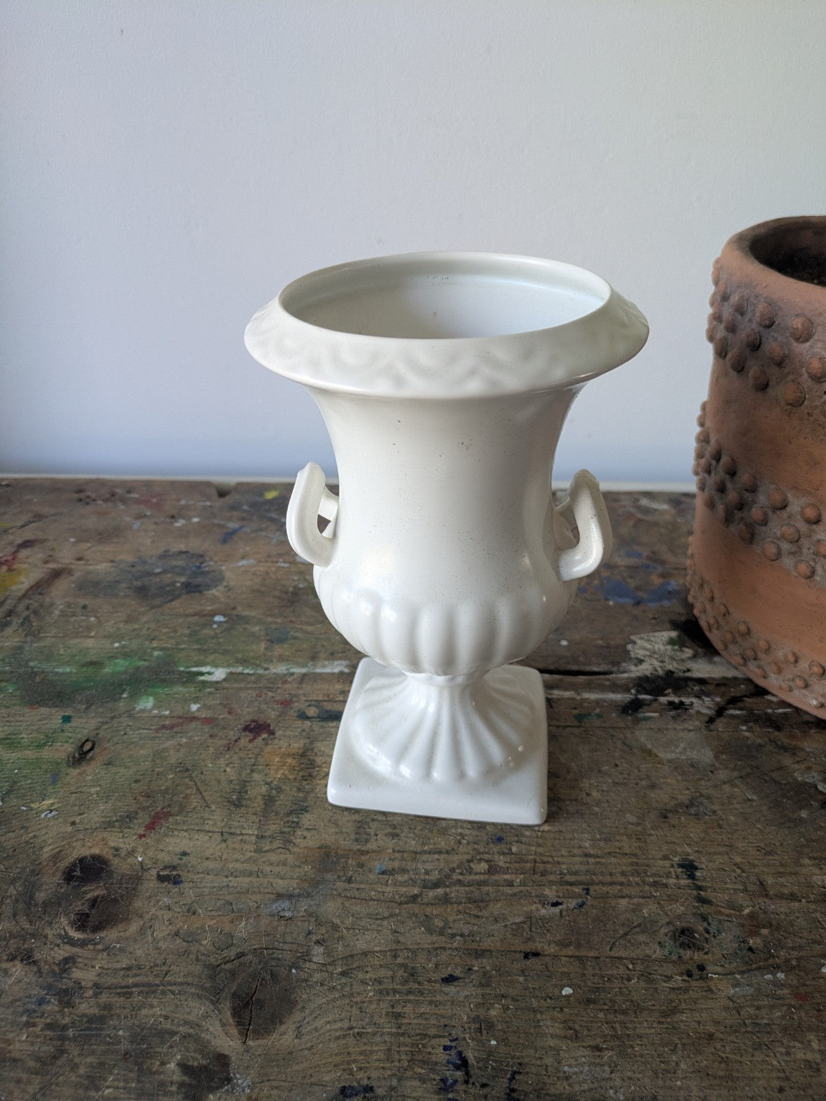 Vintage Shorter & Sons White Pottery Urn Vase 2 Handles Classic Pedestal Design