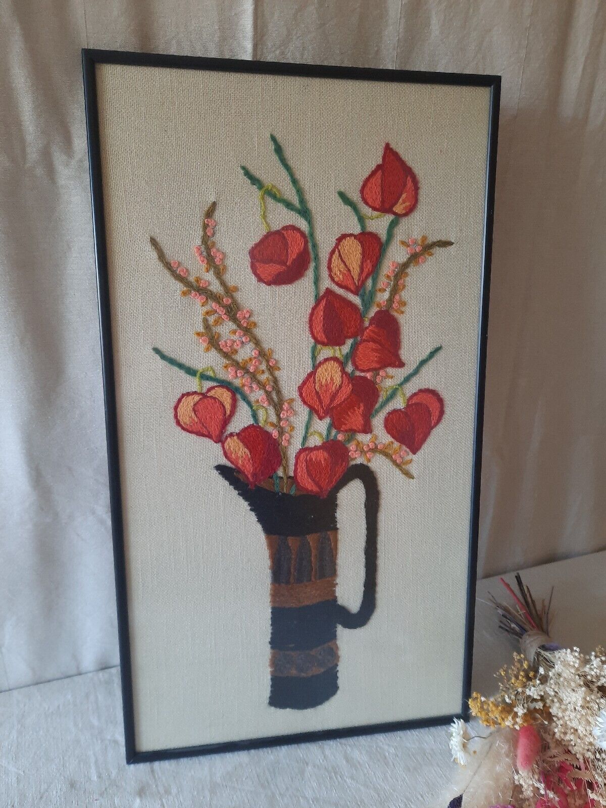 Large Retro Mcm Vintage Framed Floral Flowers Embroidery German Vase 70s Appliqu