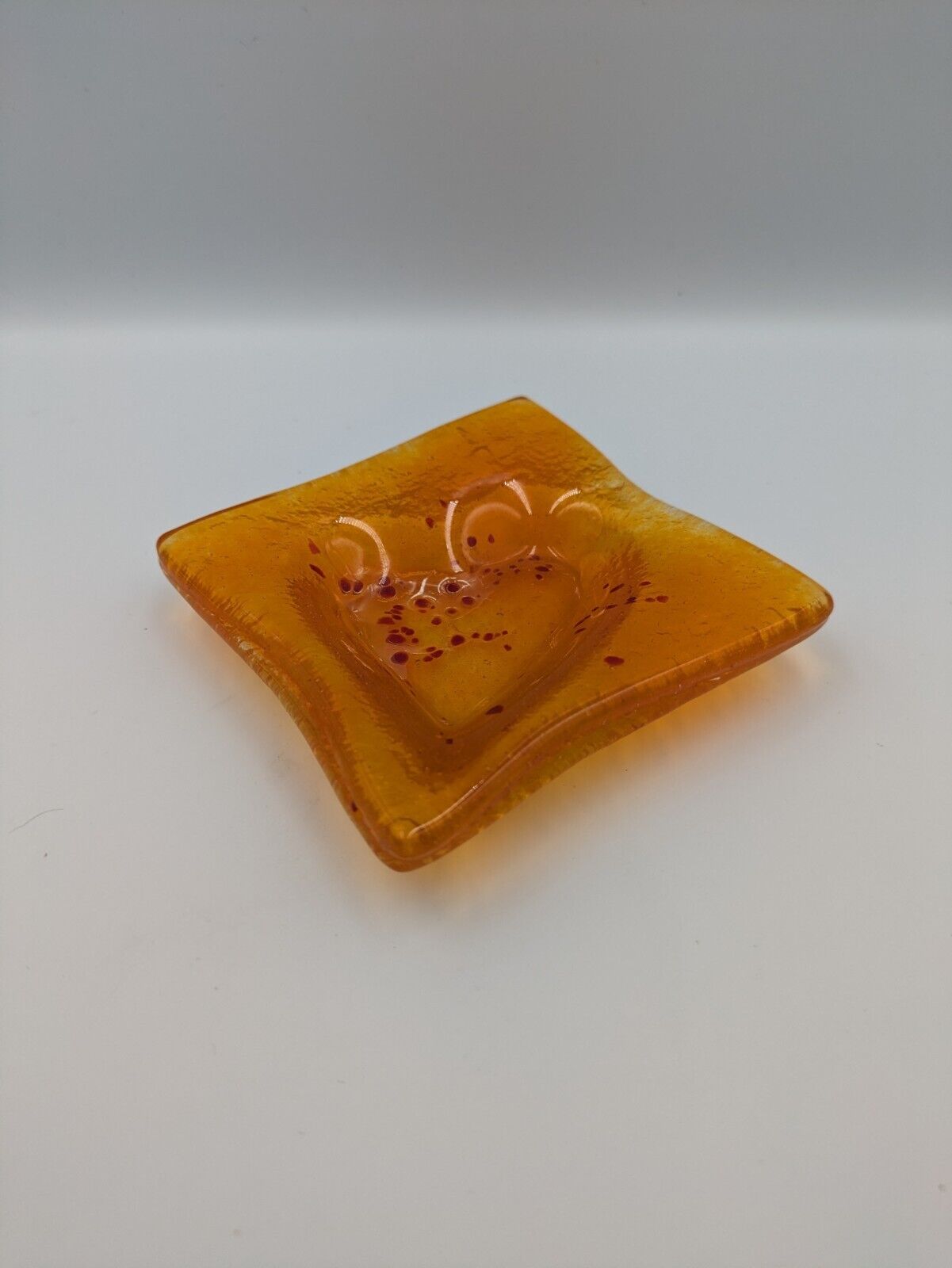 Vintage Mid Century 60s Fused Glass Soap Dish Orange Heart Sq Retro Ash Tray Vgc