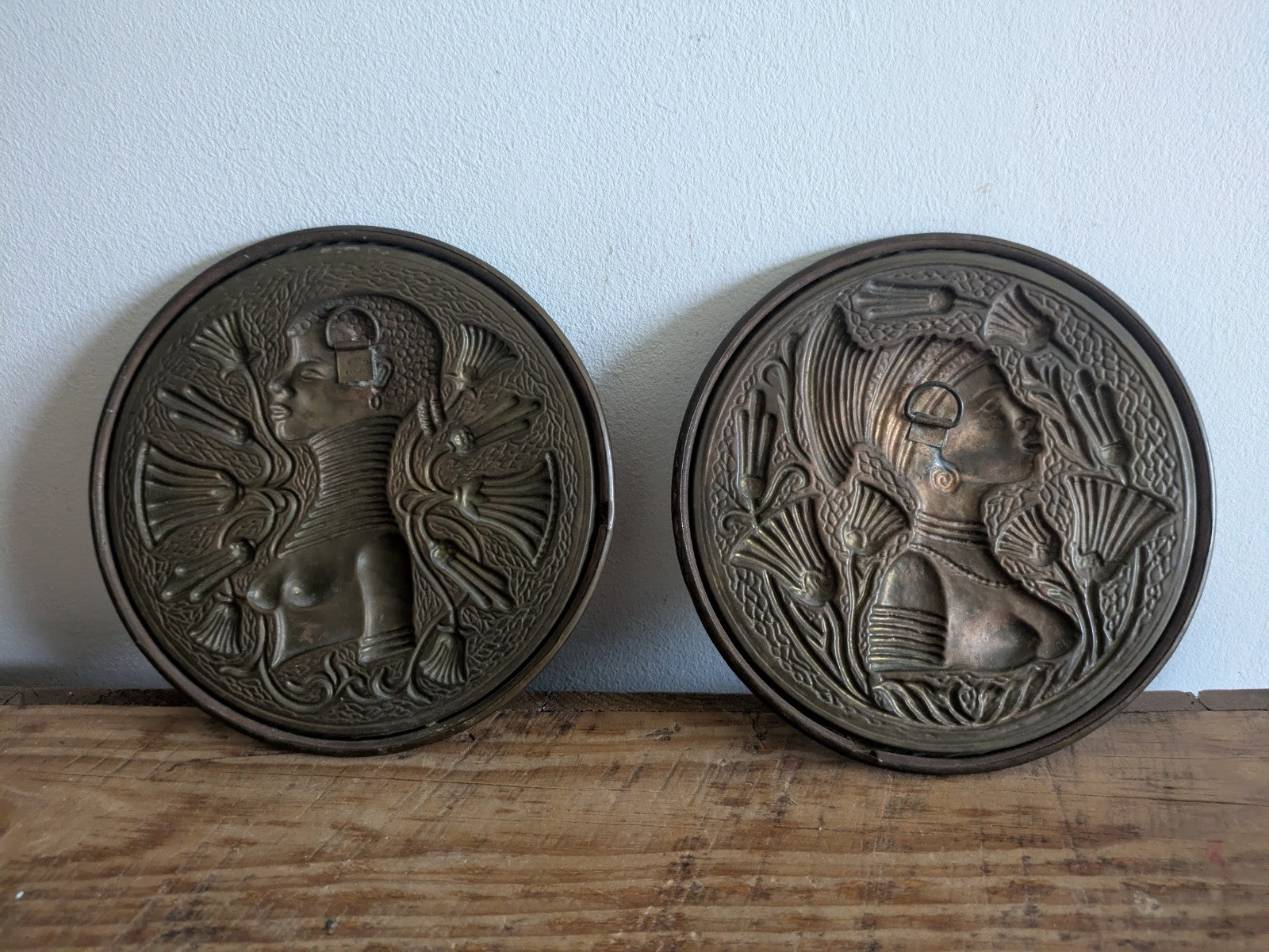 2x Mid Century Brass Plate Plaque Art Deco Art Nouveau African 1950s Pressed Old