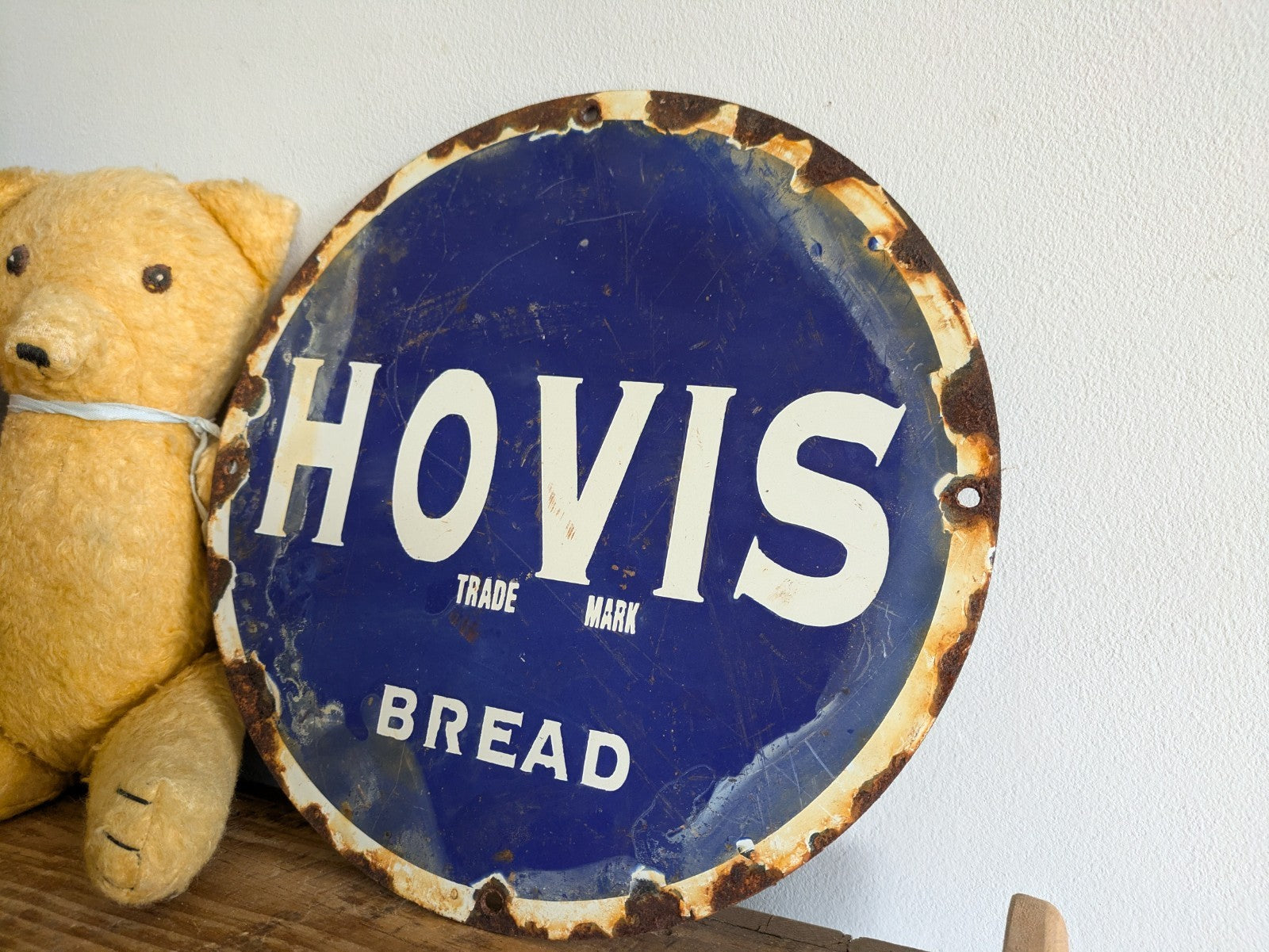 Vintage PORCELIAN HOVIS ENAMEL SIGN Round Advertising Metal Blue Kitchen Wall 