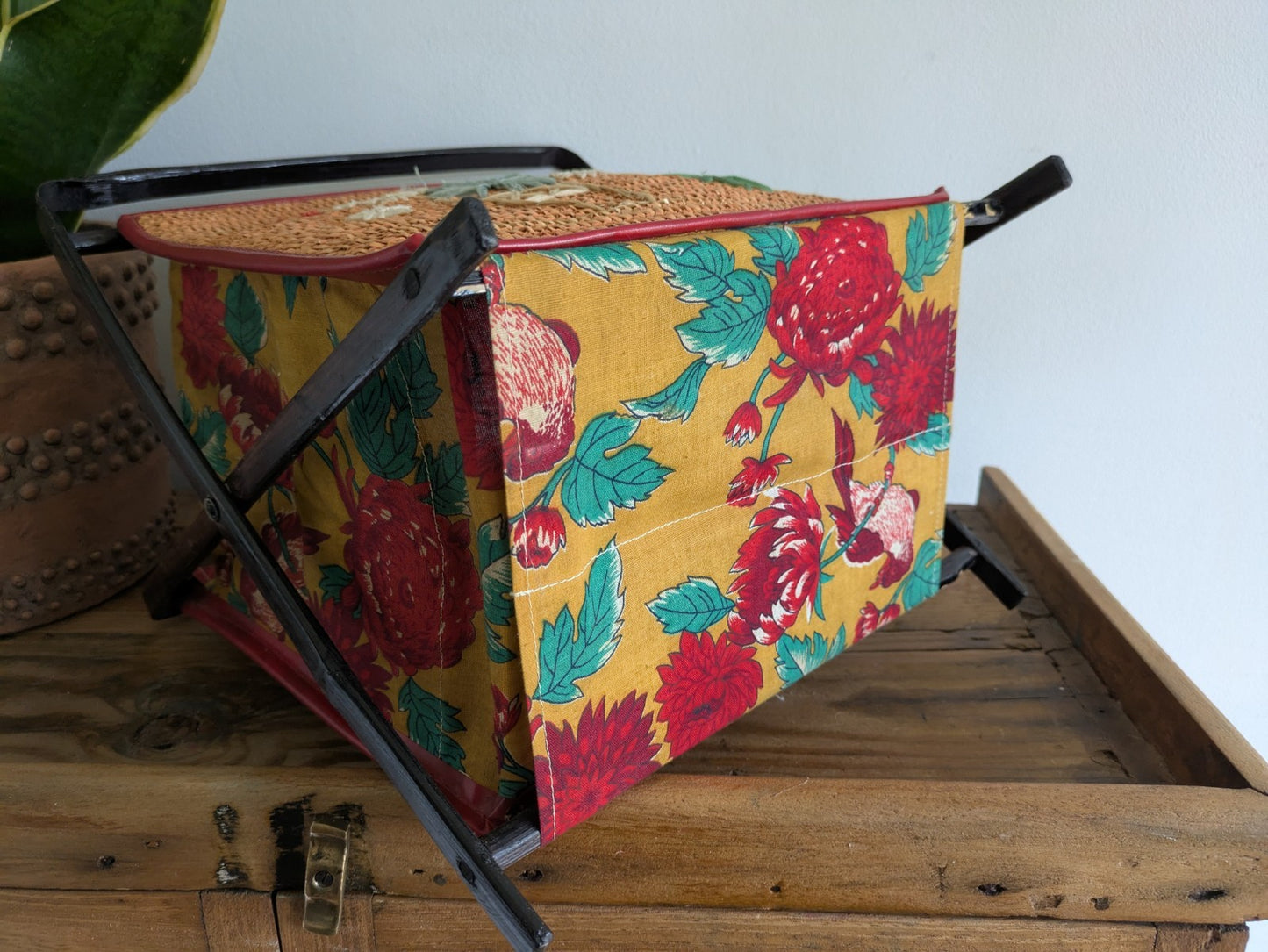 Vintage Folding Sewing Bamboo Woven Applique Magazine Tiki Rack Newspaper Basket
