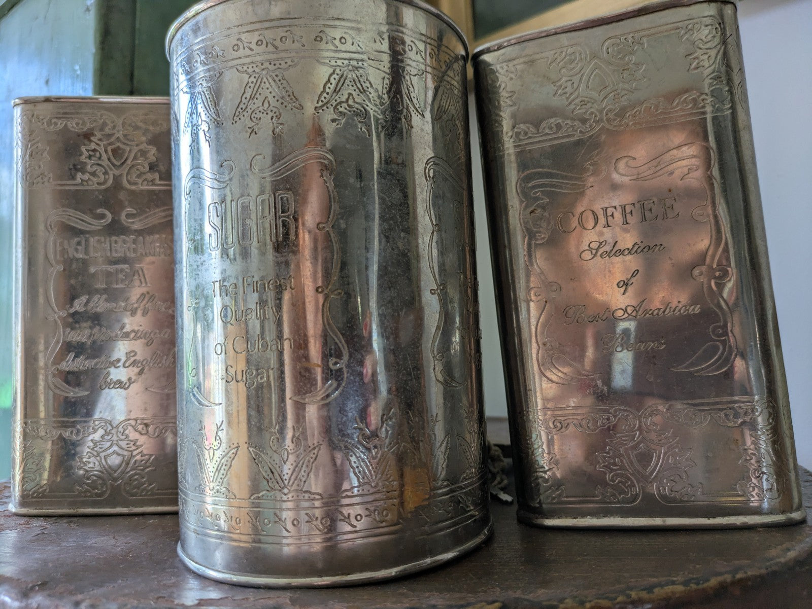 Vintage Canister Set Finest Quality Cuban Sugar, Coffee, Fine Teas Silver Metal