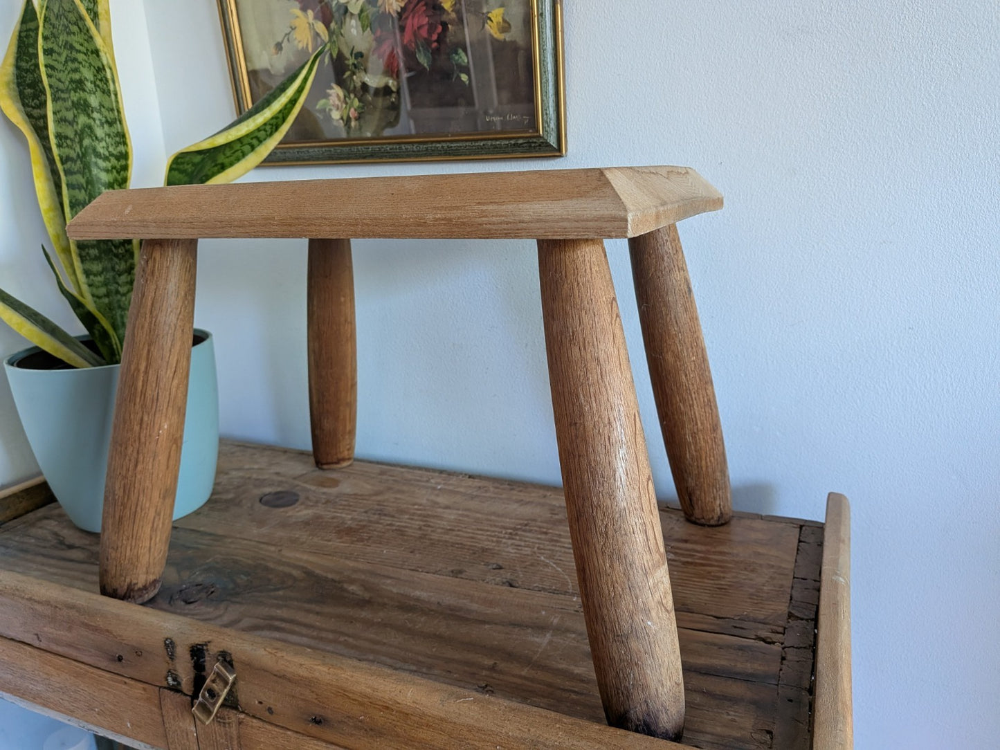 Vintage Step Stool Milk Wooden Seat Utilitarian Old Solid Chunky Leg Wood Prop 