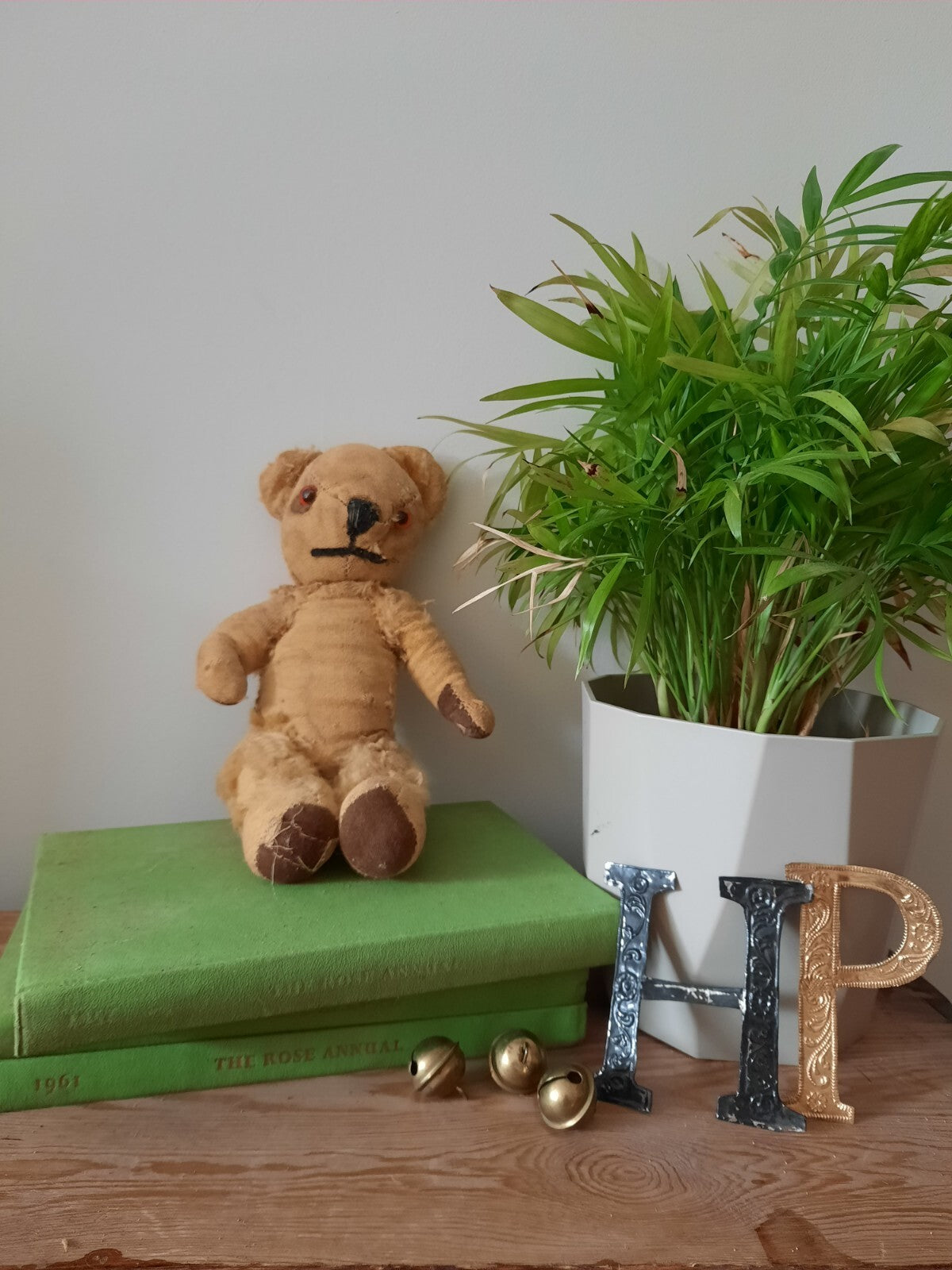 Antique Small Jointed Old Mohair Teddy Bear straw stuffed vintage RARE worn toy!