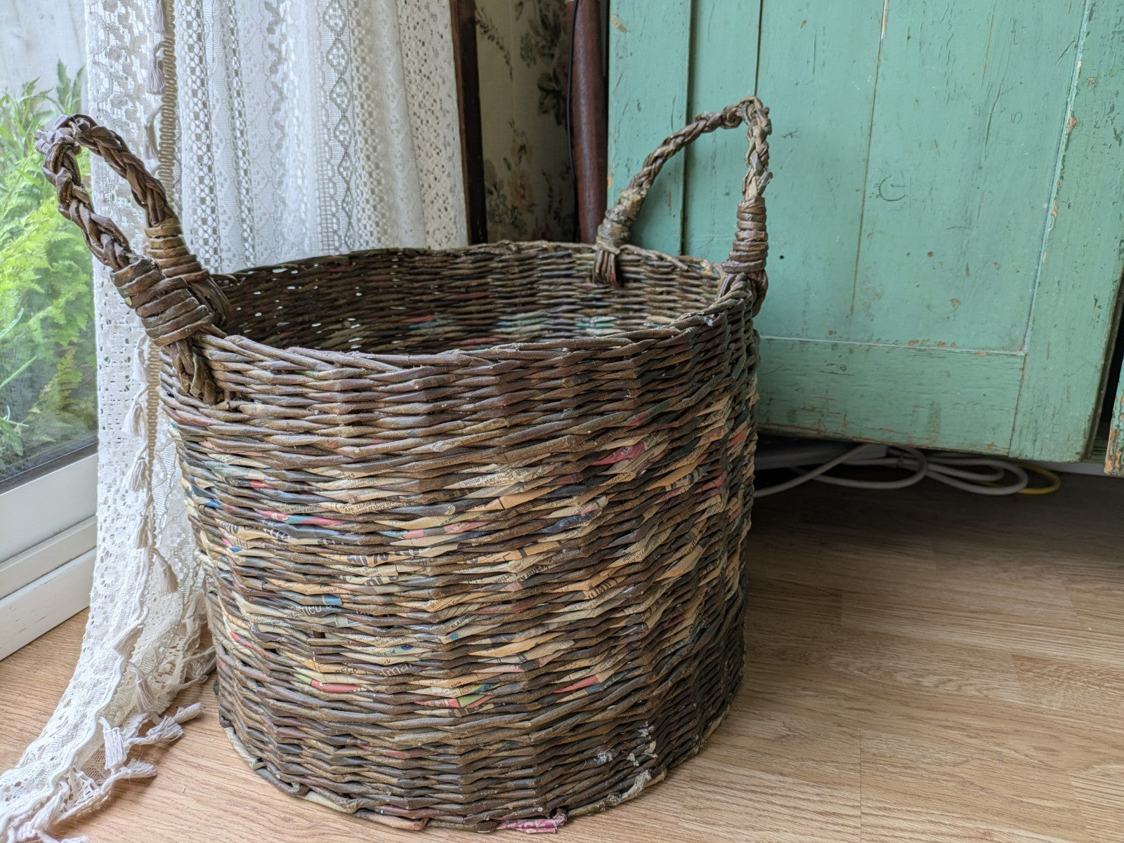 Basket Recycled Newspaper Hand Woven High Sturdy Large Handles Log Laundry Round