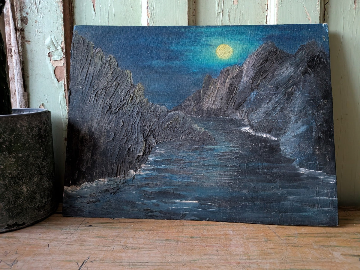 Vtg Painting Oil On Board Picture Landscape Seascape Moonlight Sea Shore Rocks 