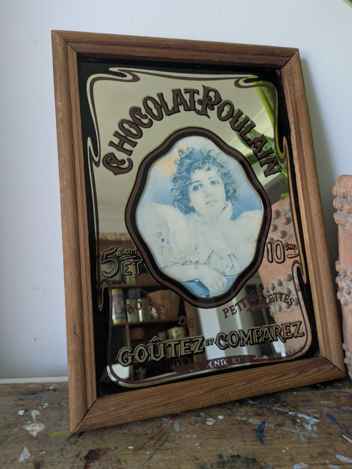 Vintage Chocolat Poulain French Advertising Mirror Picture Mancave Pub Prop Wall
