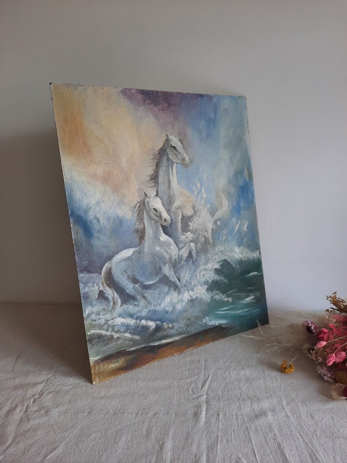 OIL ON BOARD EQUESTRIAN ARTIST SURREAL HORSES FANTASY ART MAGICAL WHIMSICAL OLD