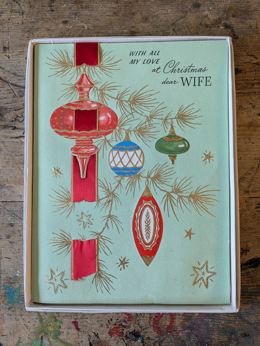 Vintage Retro 50s Iconic Christmas Xmas Greeting Card Fabric Baubles Ribbon Vgc