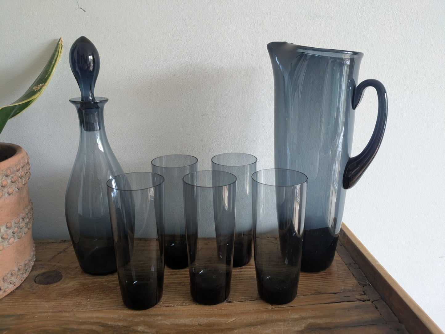 Vintage Italian Smokey Blue Decanter Pitcher Jug Glasses Hand Blown Set Mid Cent