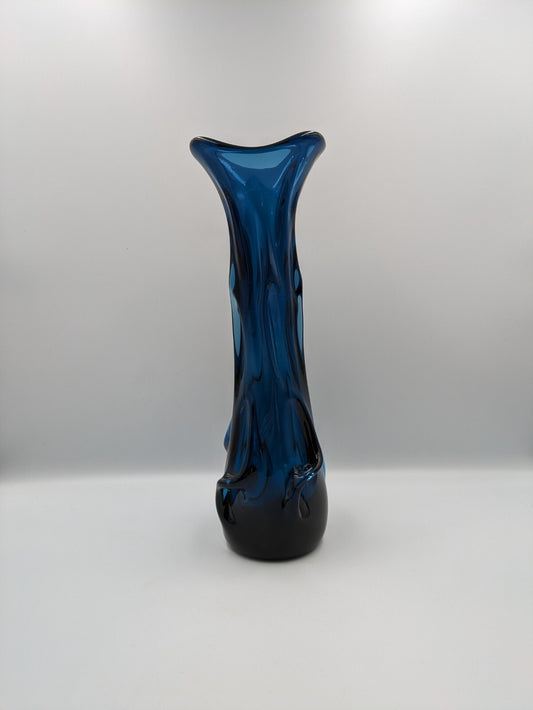 Jan Beranek blue Czech Skrdlovice Blue Glass Pulled Lobe Vase, 1960s Midnight