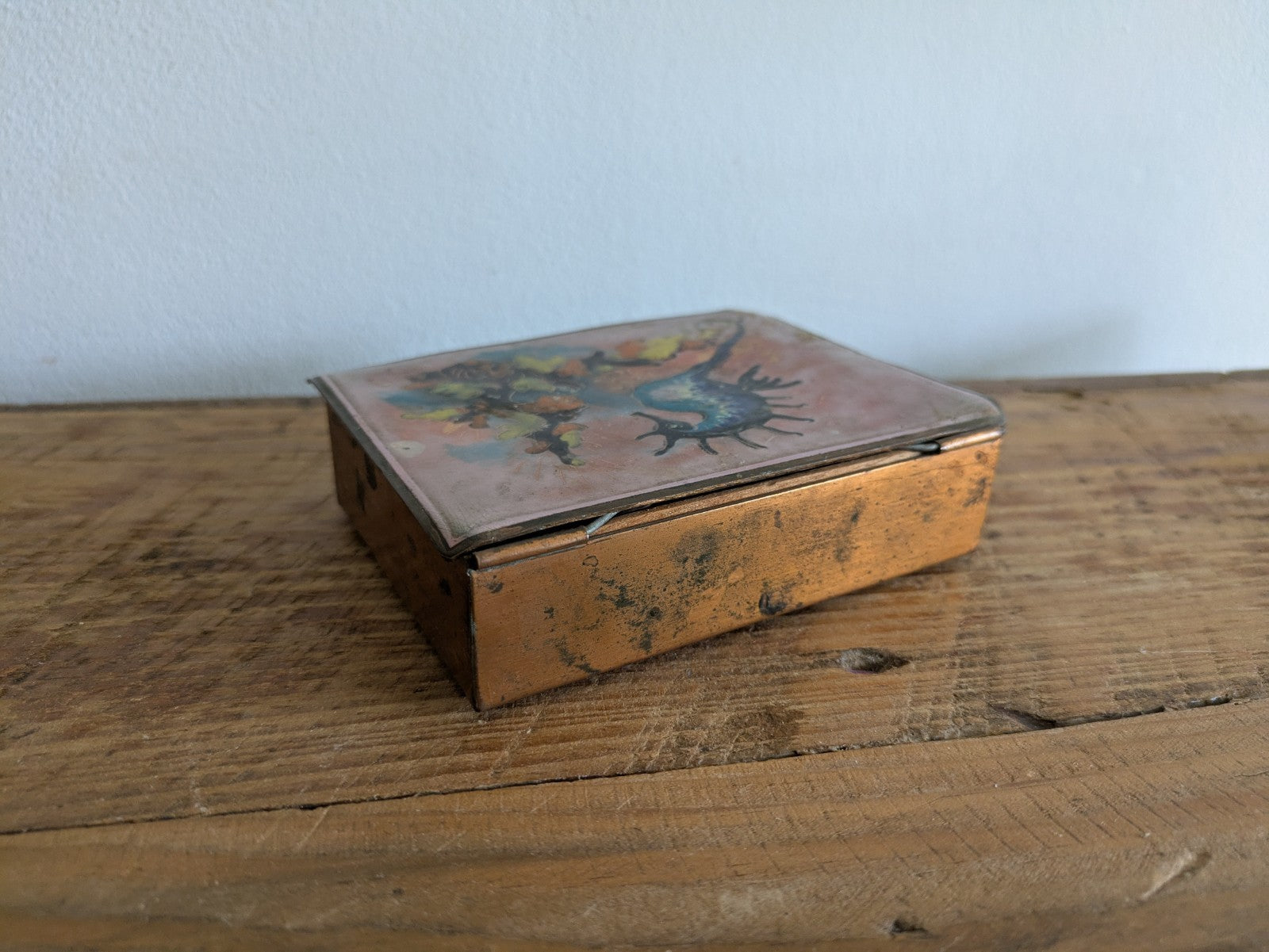 Vintage Seahorse Enamelled Mid-Century Copper Trinket Box Pink Signed Retro Vgc