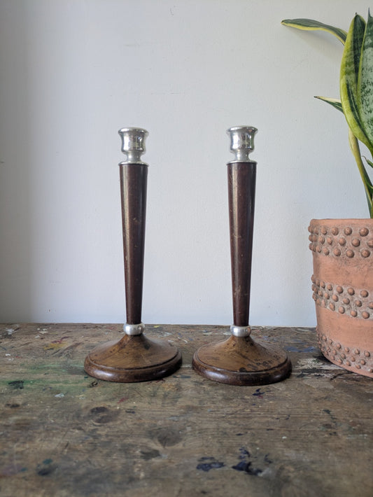 Pair of Antique Classic Tall Wood & Metal Candle Sticks Holders Art Deco Vintage