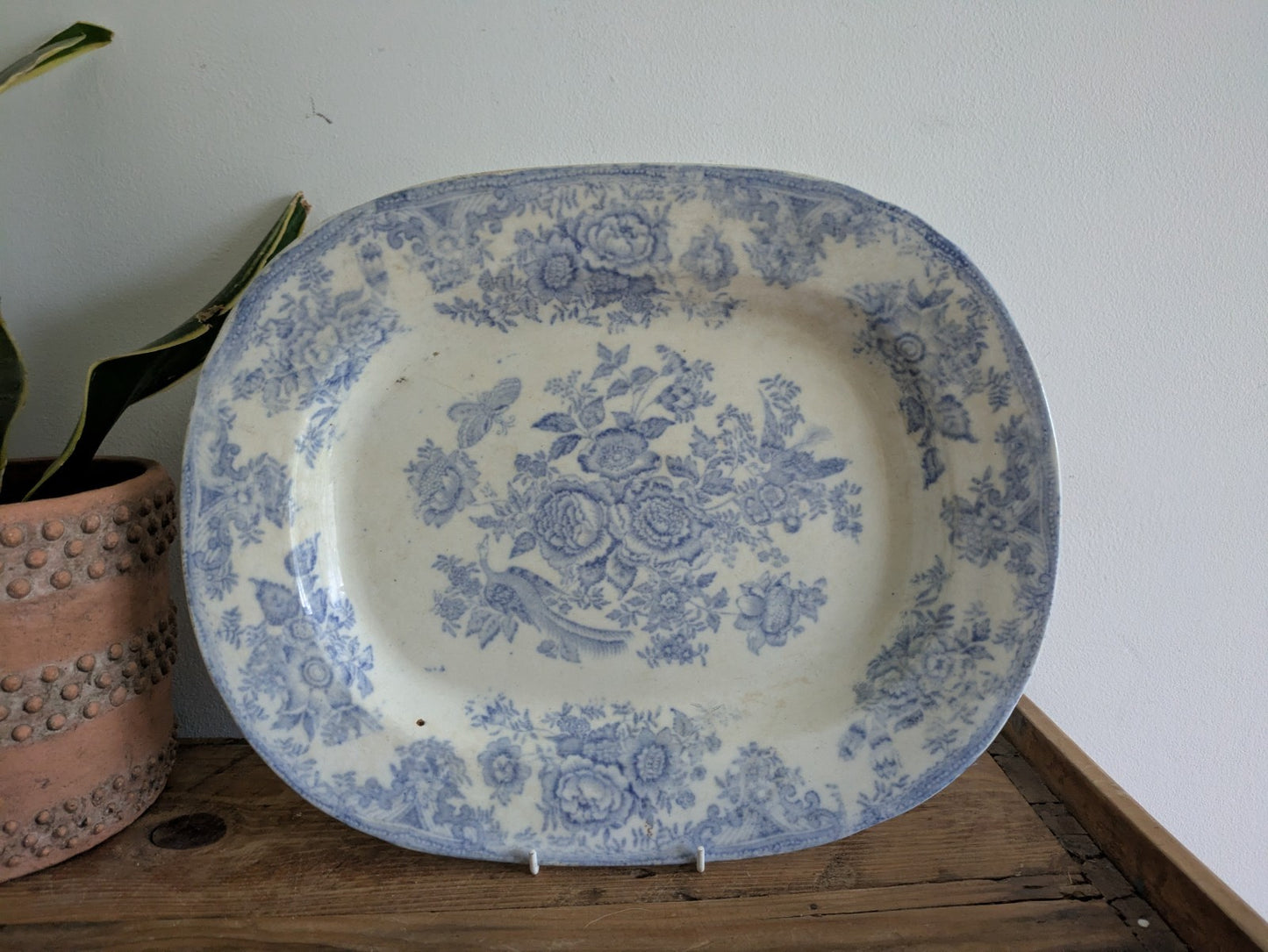 Asiatic Blue & White Vintage Victorian Antique Pheasant Serve Meat Plate Platter