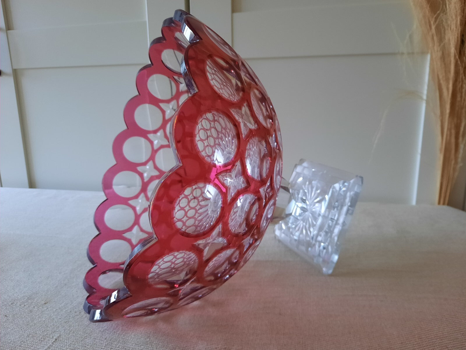 ANTIQUE Vintage Bohemian Cut Clear RUBY CRANBERRY Footed Glass Bowl Pedestal lrg