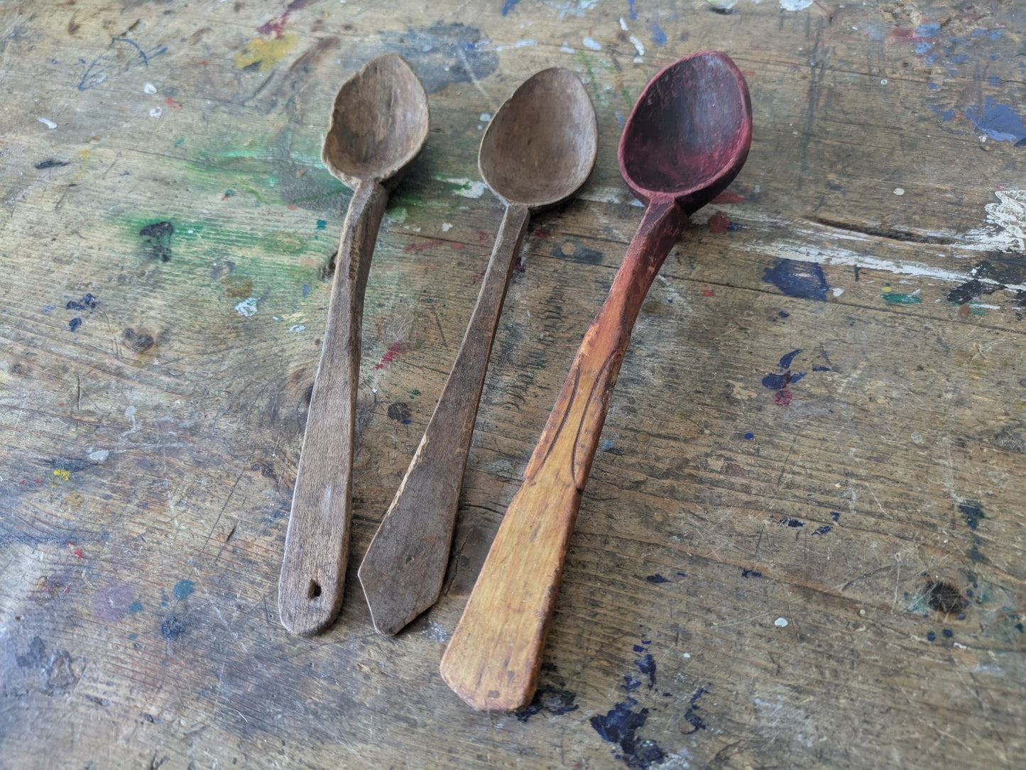 OLD ANTIQUE PRIMITIVE WOODEN HANDMADE LONG RARE CARVED SPOONS PADLE - LOT OF 3..