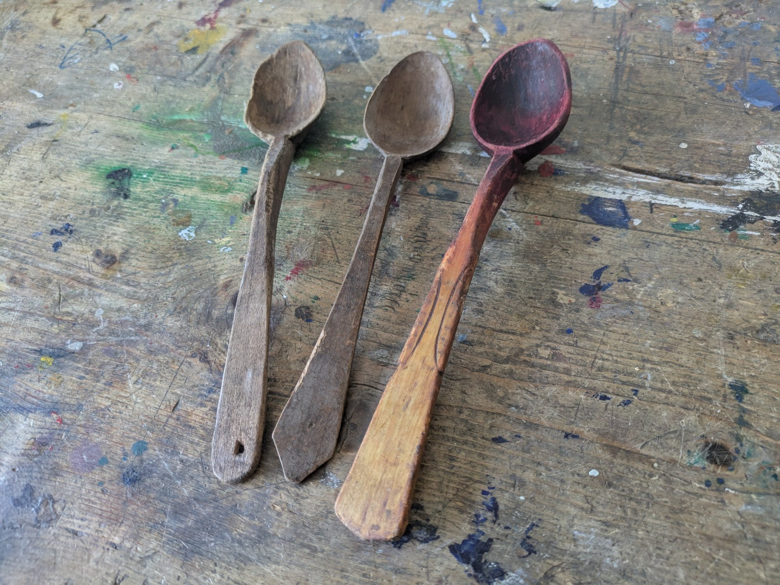 OLD ANTIQUE PRIMITIVE WOODEN HANDMADE LONG RARE CARVED SPOONS PADLE - LOT OF 3..