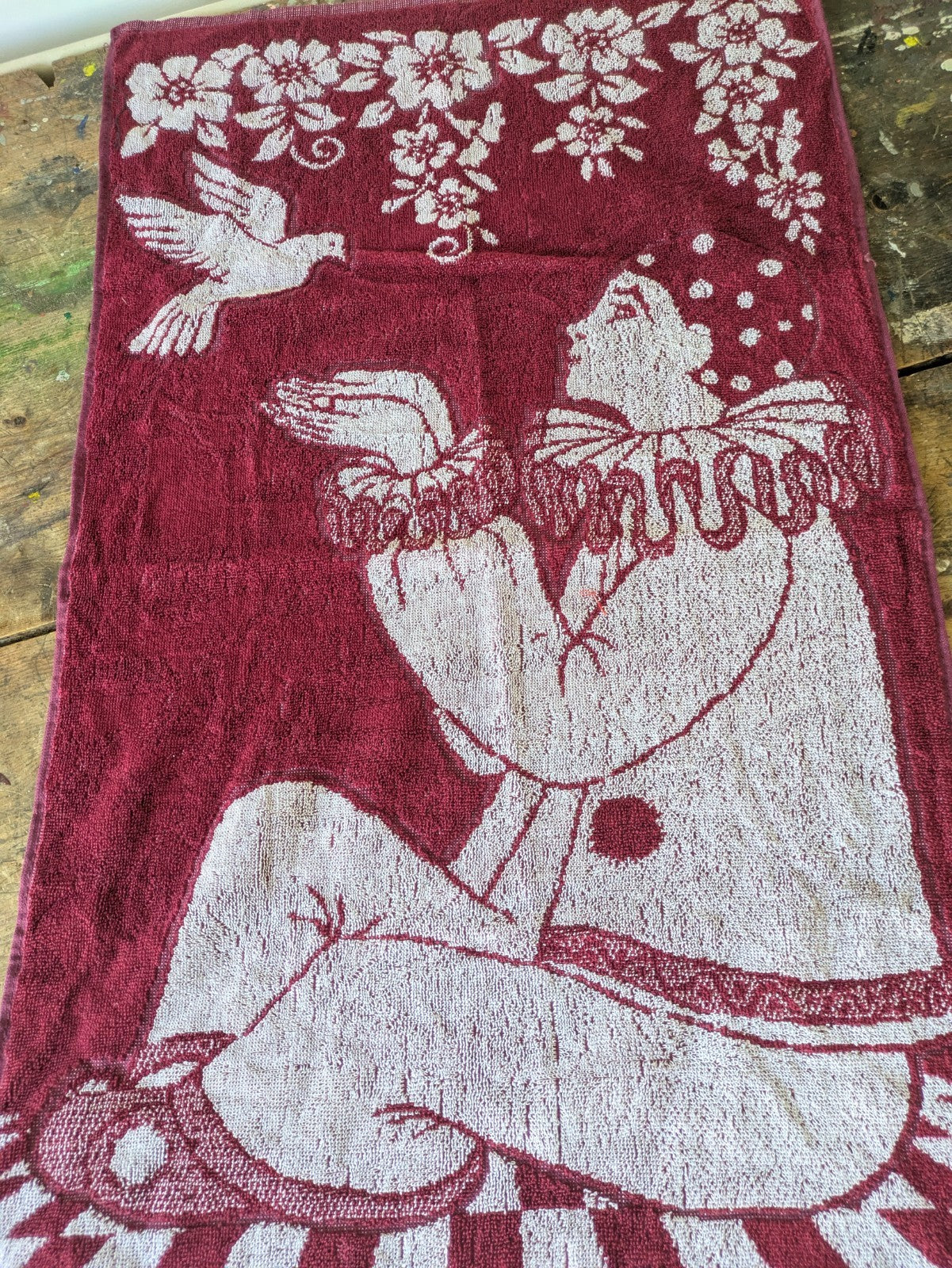 Vintage Pierrot Bath Towel Burgundy And White Retro Clown Towel NWOT Kitsch Prop