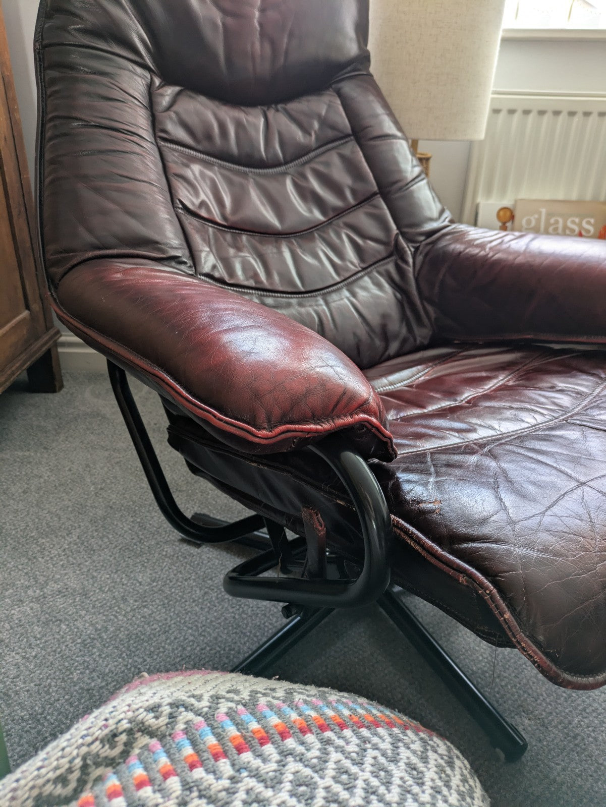 MCM Skoghaug Industries Oxblood Red Leather Swivel Recliner Armchair & Stool 60s