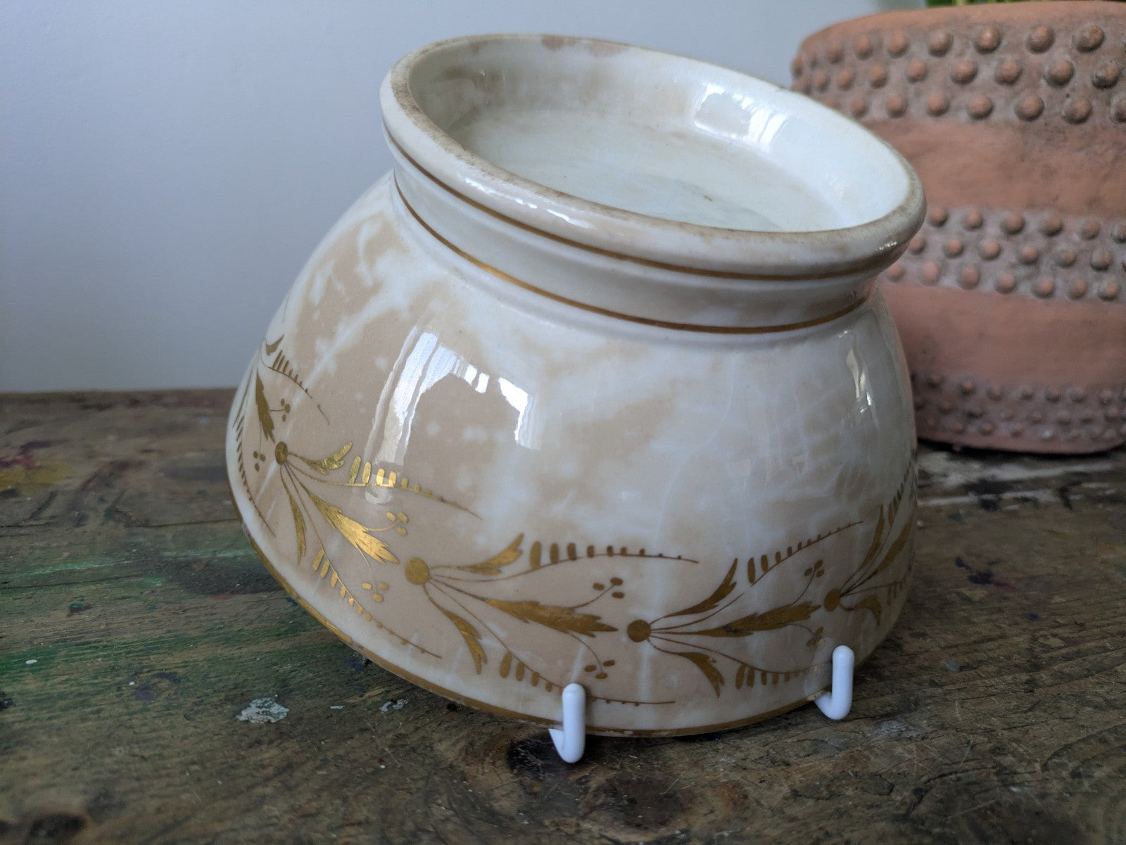 19th C. French Porcelain Round Serving Bowl Gilt Design c. 1800-50 Early Antique