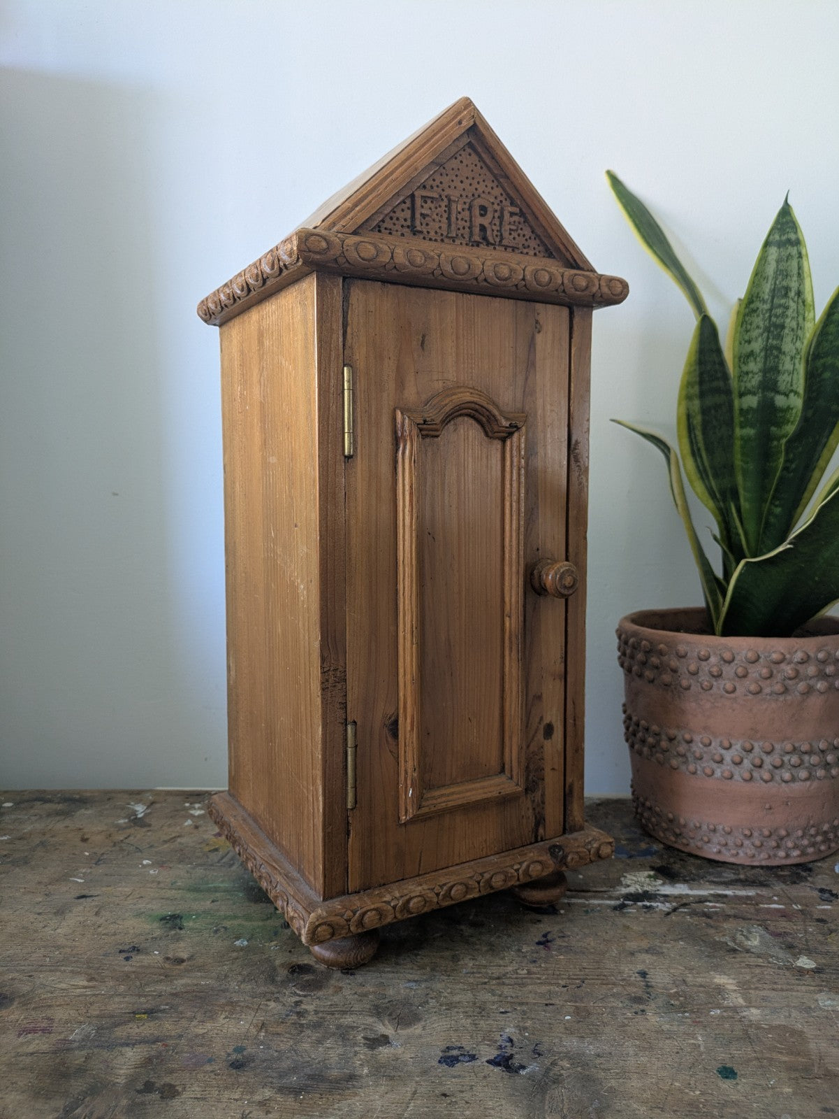 Small Table Top Pine Wood Cabinet Cupboard Fire Storage Unit Unusual Wooden Vgc