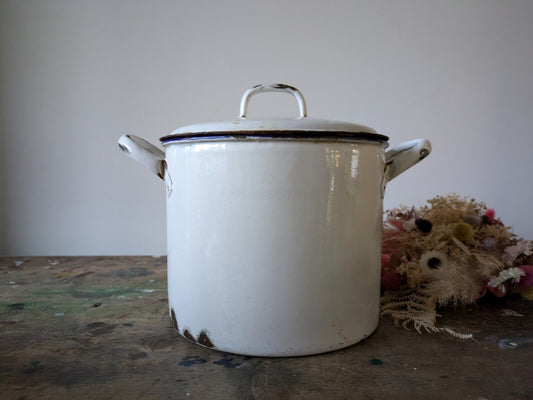 Antique Enamel French Flour Pot White Round Bread Container Lid Prop Vtg Retro