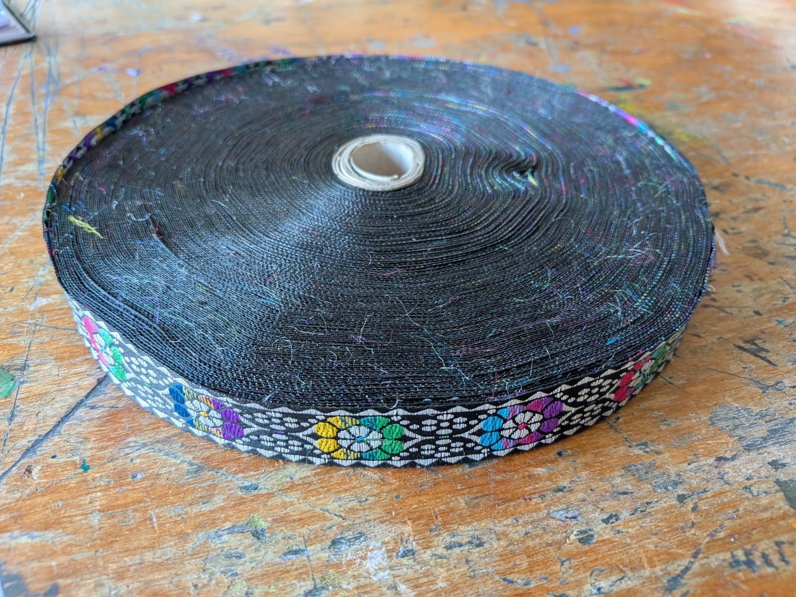Jacquard Ribbon Black Dotty Roll Patterned Floral Multicoloured Black Trim Craft