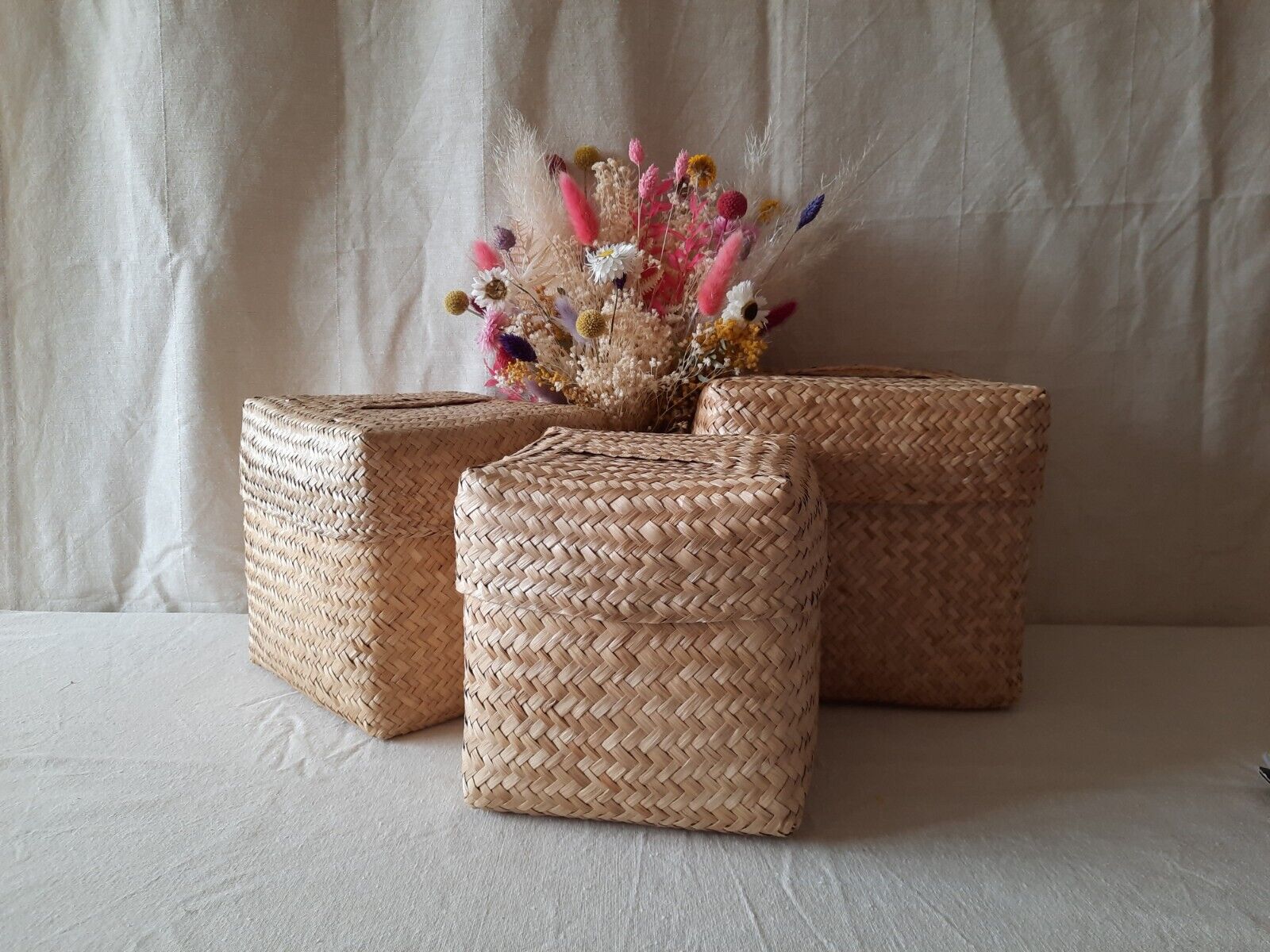 Set Of 3 Wicker Cane Woven Nested Storage Baskets Boxes Stacking graduated squar