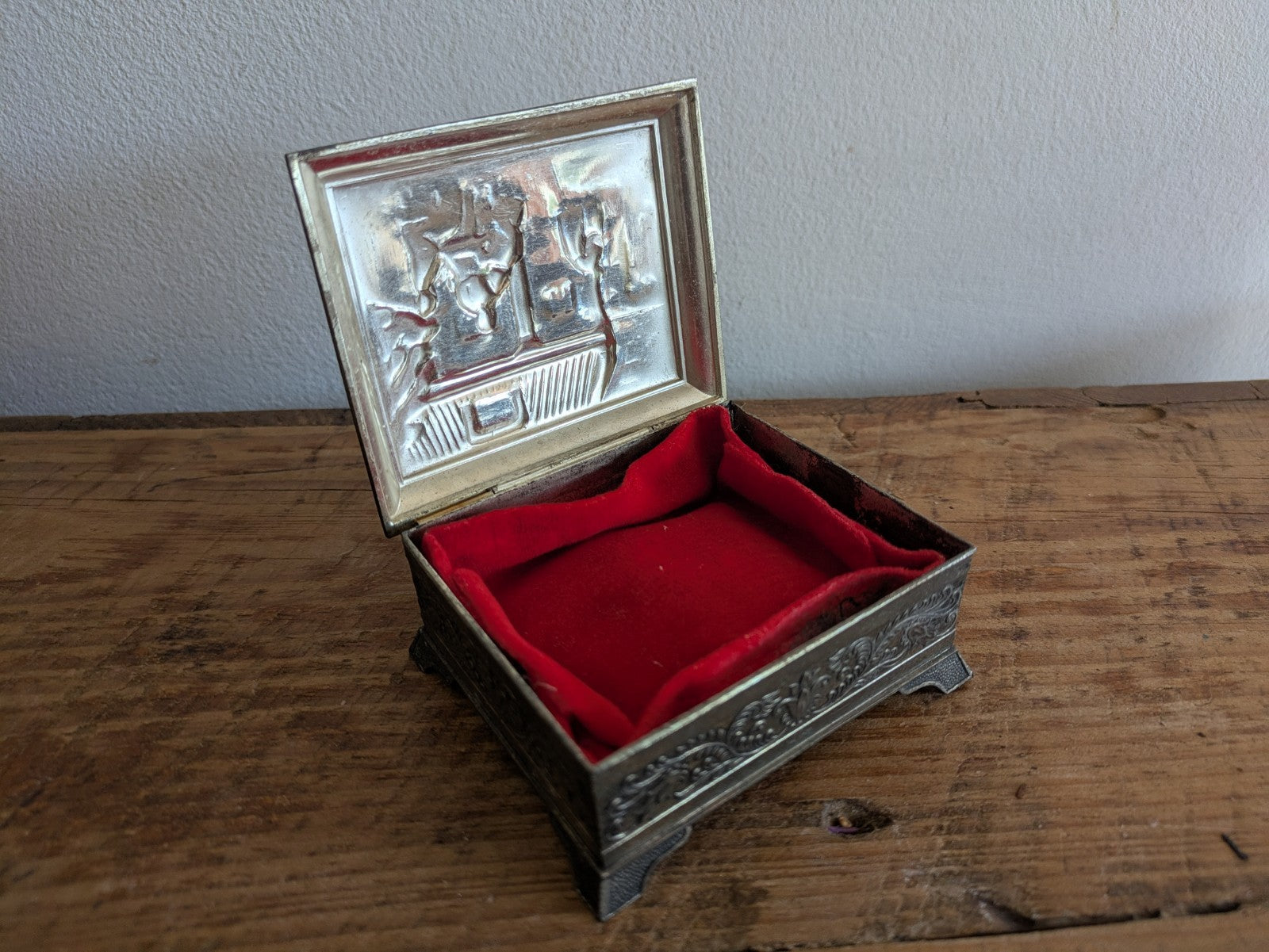 Vintage Japanese Footed Metal Jewelry Trinket Box Silver Tone Red Velvet Lining