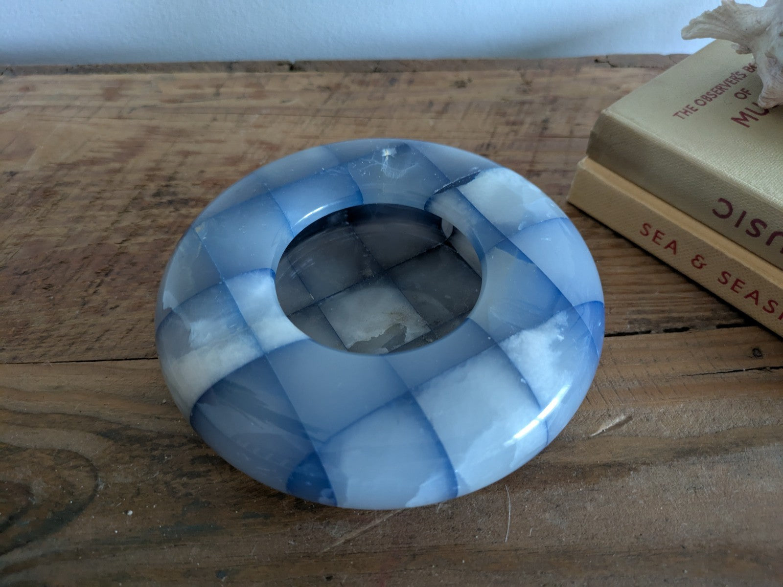 Vintage Round Italian Onyx Ashtray Natural Stone Marble Checkerboard Blue 60-70s