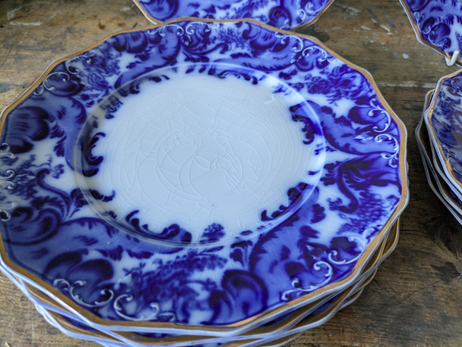 16 Piece Antique Vtg W. H. GRINDLEY Argyle Flow Blue Dinner Dessert Plates Set