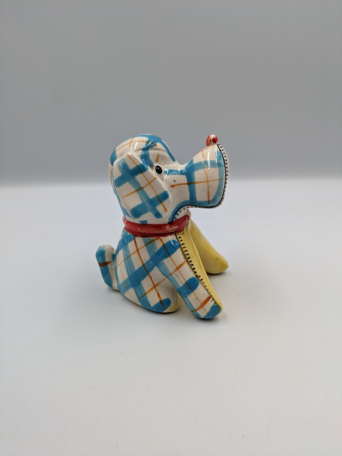 Vintage Kitsch Ceramic Novelty Dog Tape Measure Plaid Design Blue Retro 1950s Vg