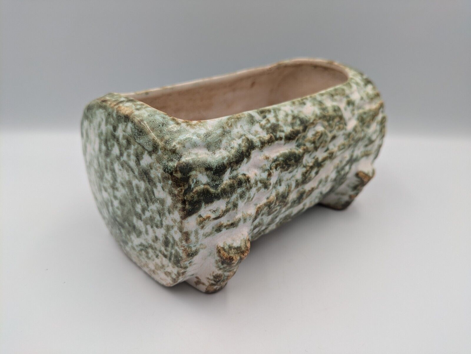 Tree Bark Green Pottery Figural Woodland Glaze Log Planter Vintage Retro Mantle
