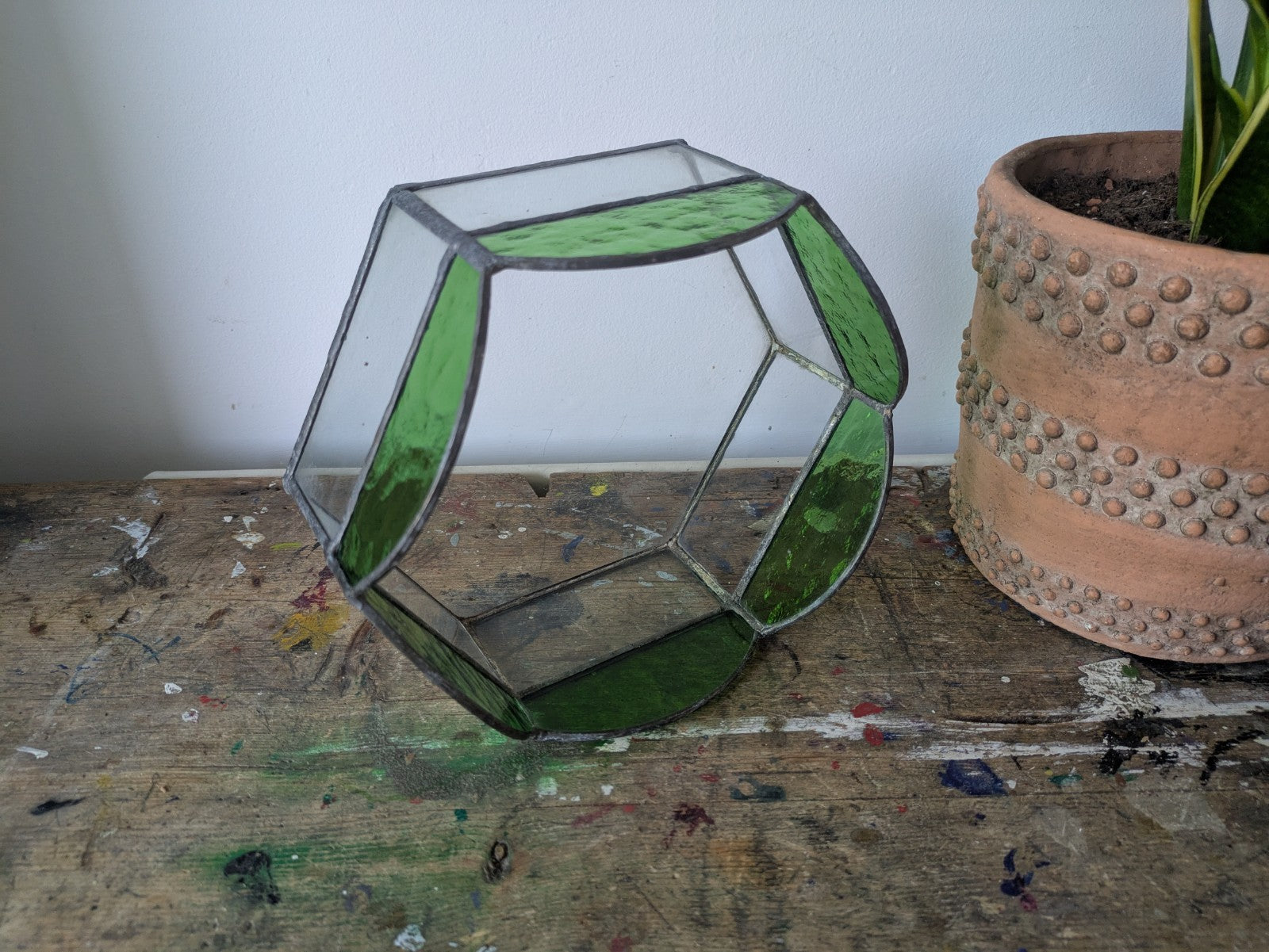 VTG Stained Glass Green Hexagonal Bowl Dish Fruit Serving Table Centre Leaded Vg