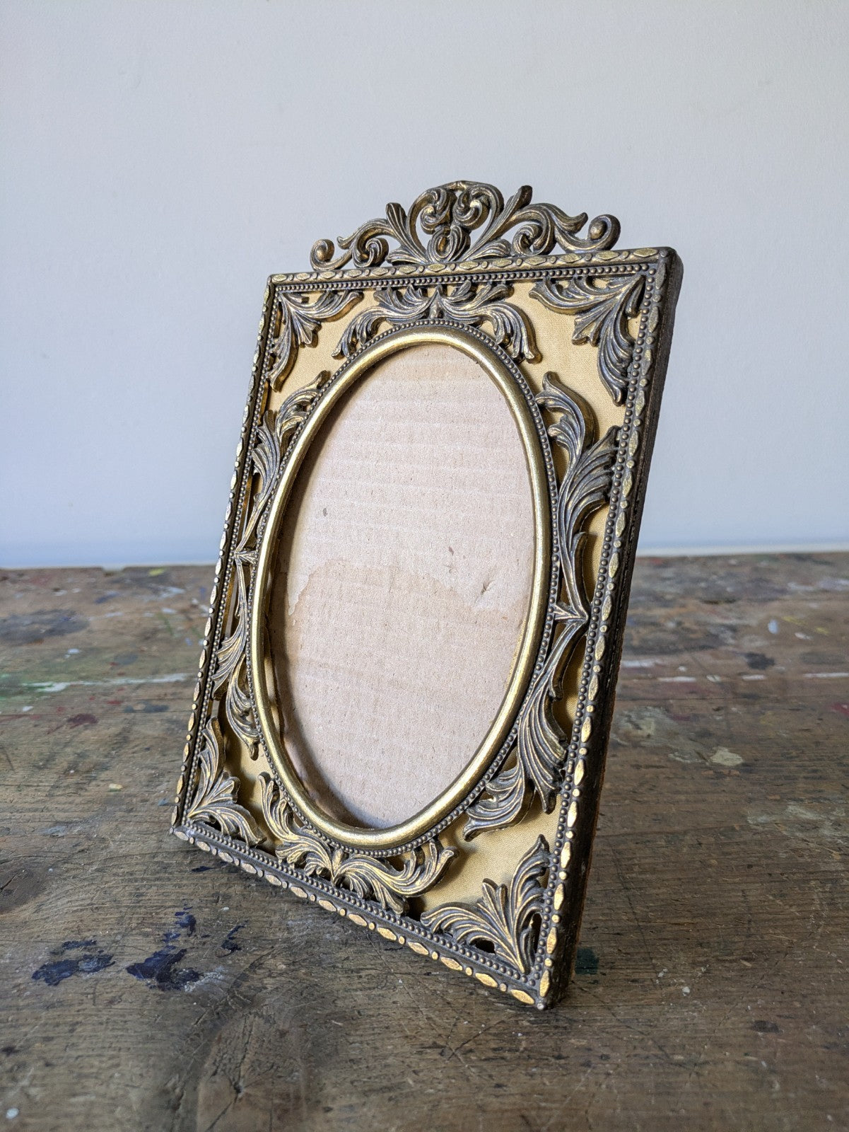 Vintage Old Picture Frame Italian Intricate Brass Frame Oval Ornate Metal Photo 